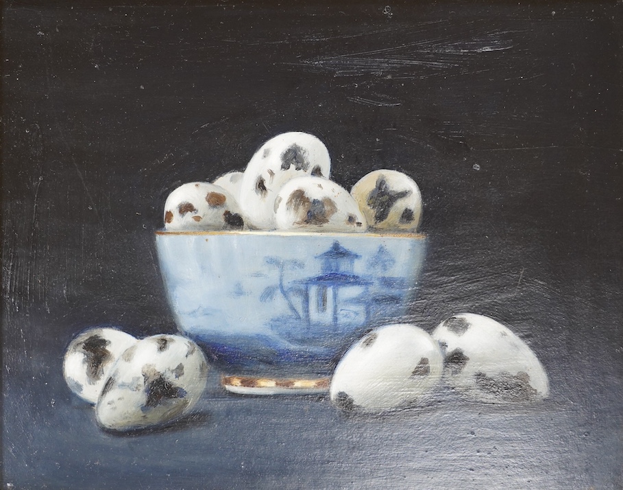 From the Studio of Fred Cuming. Jacqueline Taber (b.1946), oil on board, Still life of eggs, unsigned, inscribed verso, 19 x 24cm. Condition - good